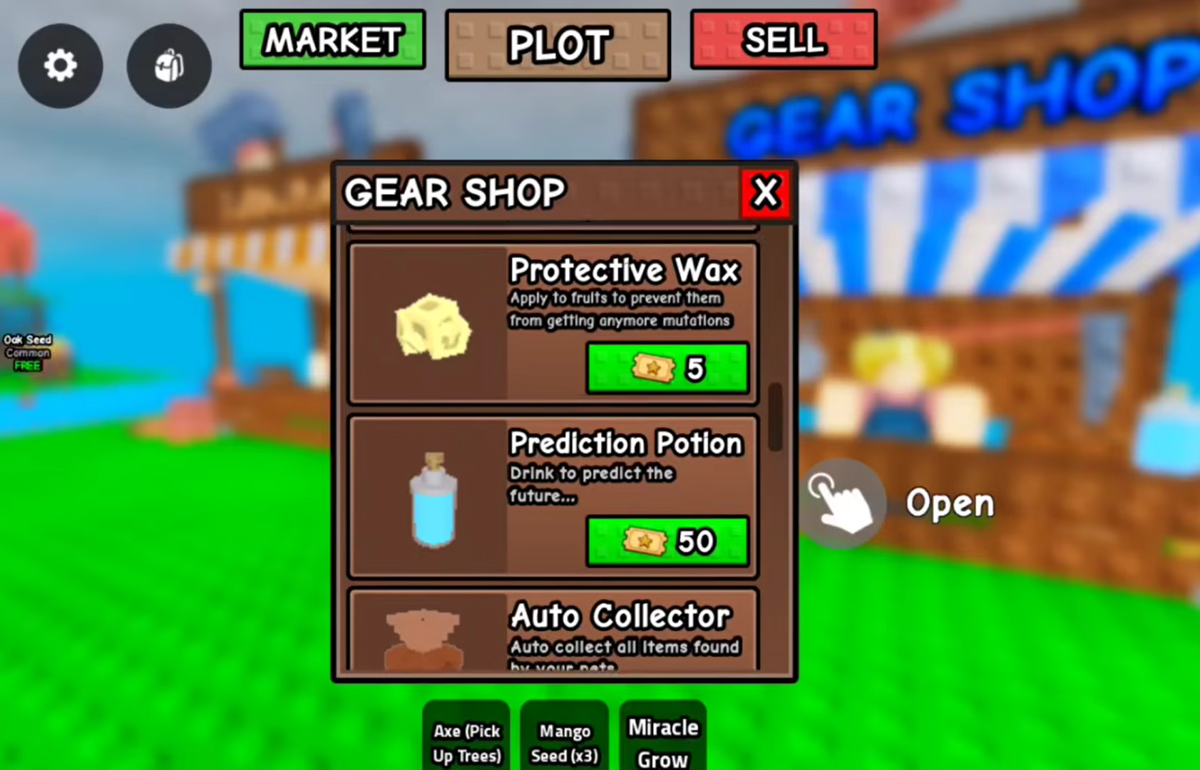 Prediction Potion listed in the Greedy Growers Gear Shop for 50 Tickets